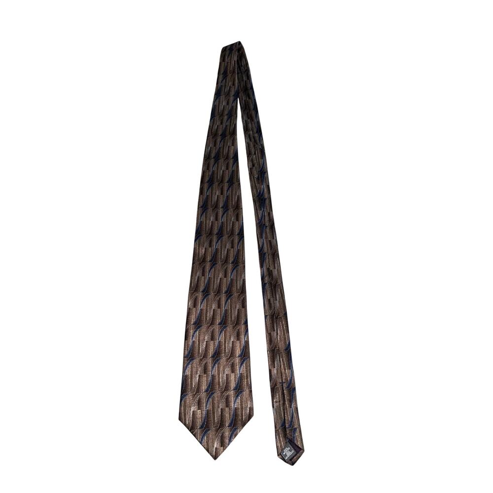 Palatina Men's Necktie Brown Blue Wavy Geometric Pattern 100% Silk